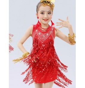 Red fringes rhinestones girls kids children performance competition latin salsa cha cha dance dresses